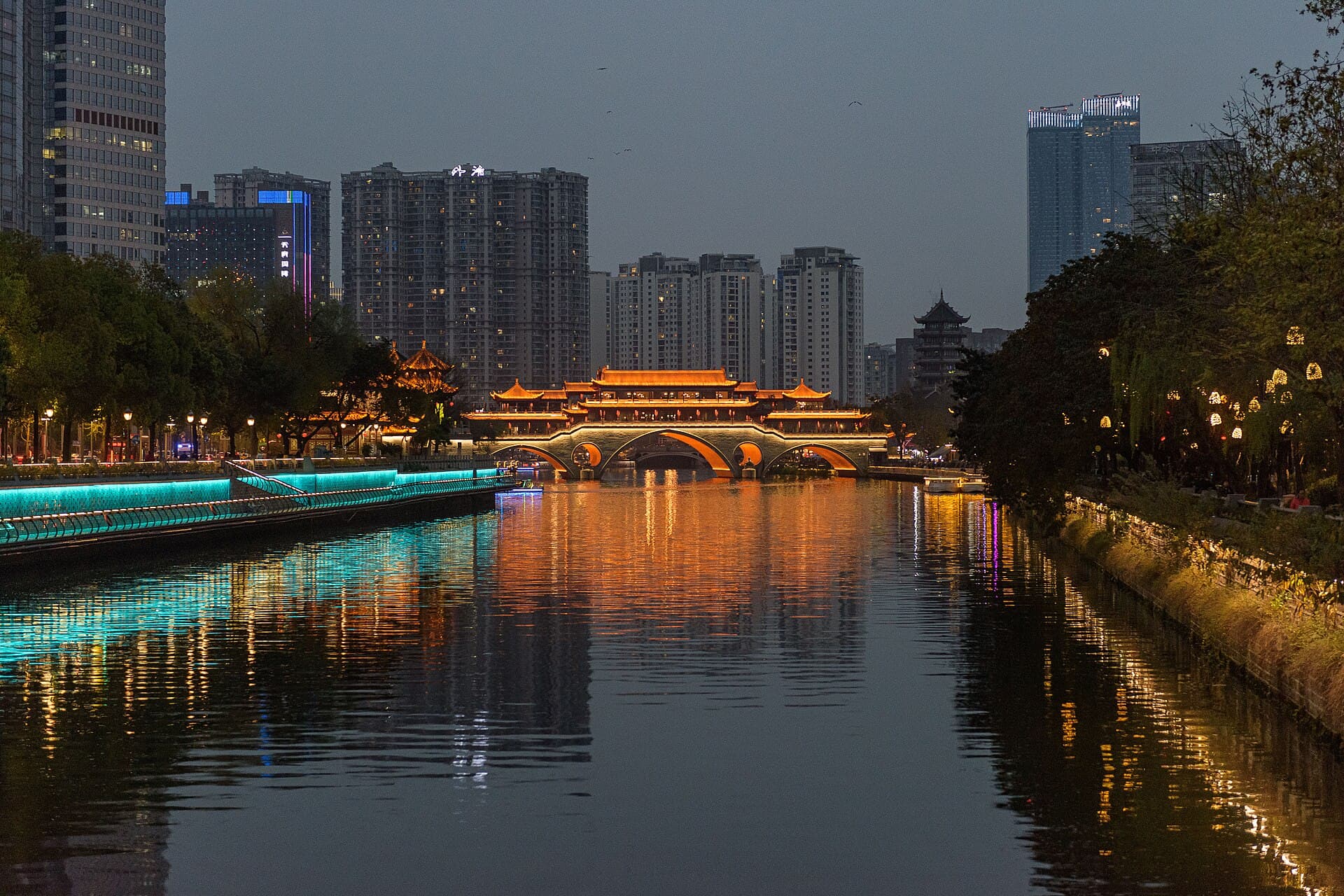 Anshun Bridge illuminated above the Jinjiang River in Chengdu