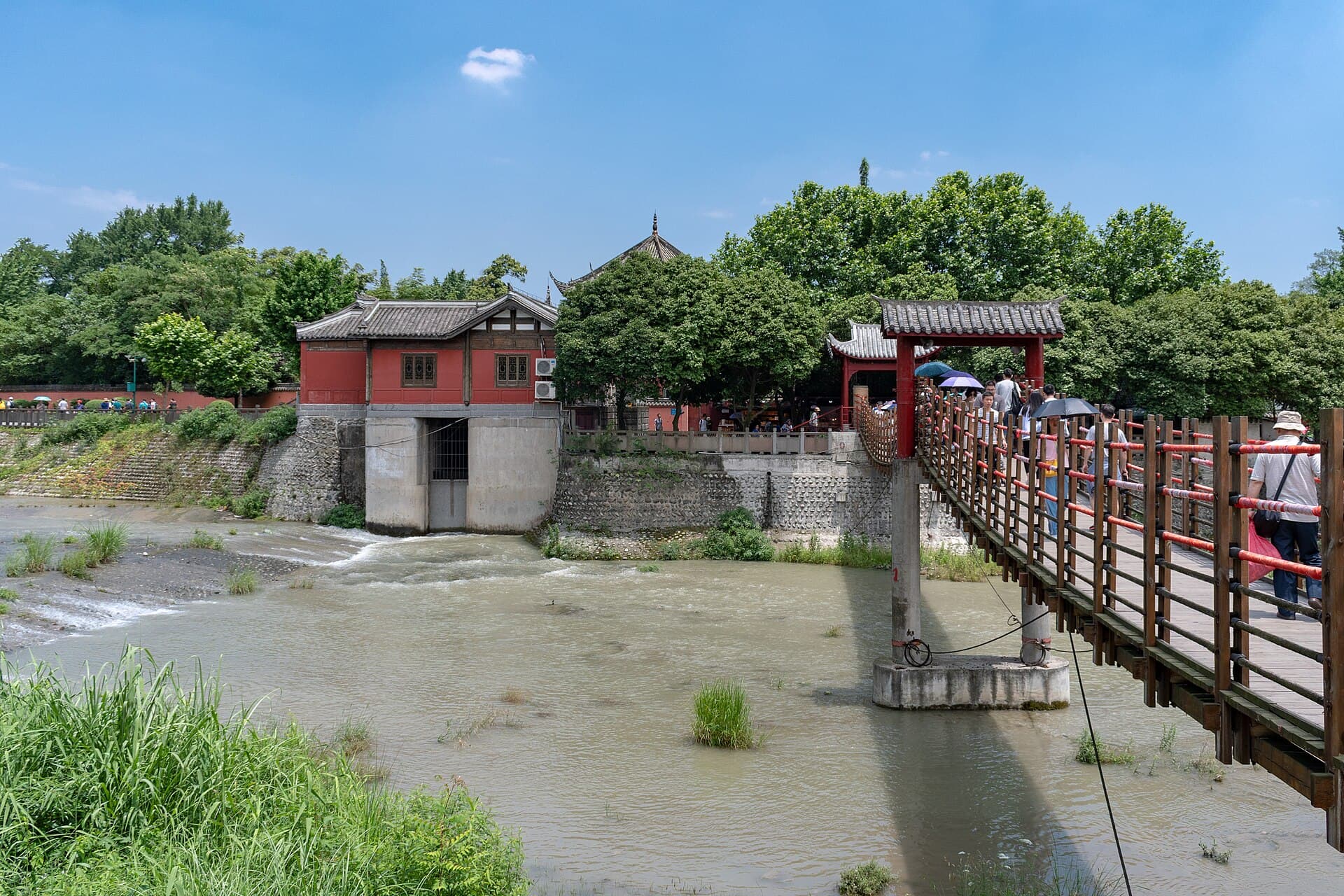 A suspension bridge and traditional architecture in Dujiangyan near Chengdu
